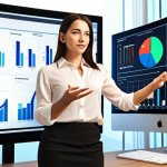 **SME Supply Chain Consulting:** A brightly lit, modern office scene. Lan, a young, confident businesswoman, is presenting supply chain optimization solutions to a group of business owners (SMEs). Charts and graphs on a screen show improvements. The overall feel is positive and professional.