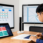 **

A confident Vietnamese individual, possibly late 20s or early 30s, studying a logistics flowchart or a supply chain diagram on a tablet. The background could be a modern co-working space or a bright, organized home office. The overall feeling is one of active learning and career focus. The tablet screen should feature easily understandable icons related to shipping, warehousing, and transportation.

**