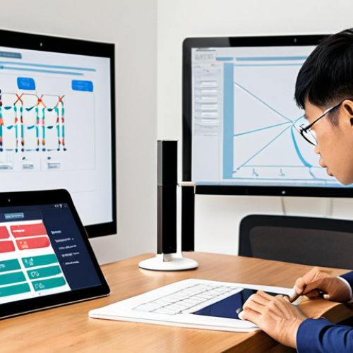 Home 25 **
A confident Vietnamese individual, possibly late 20s or early 30s, studying a logistics flowchart or a supply chain diagram on a tablet. The background could be a modern co-working space or a bright, organized home office. The overall feeling is one of active learning and career focus. The tablet screen should feature easily understandable icons related to shipping, warehousing, and transportation.
**