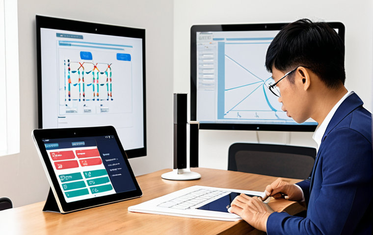 **

A confident Vietnamese individual, possibly late 20s or early 30s, studying a logistics flowchart or a supply chain diagram on a tablet. The background could be a modern co-working space or a bright, organized home office. The overall feeling is one of active learning and career focus. The tablet screen should feature easily understandable icons related to shipping, warehousing, and transportation.

**