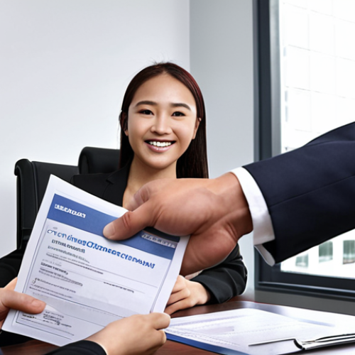 Home 24 ** A young professional confidently handing a resume with a "Yutong Gwanlisa" certificate clearly visible, to a smiling HR manager in a modern office setting. Focus on the certificate as a key element.
**