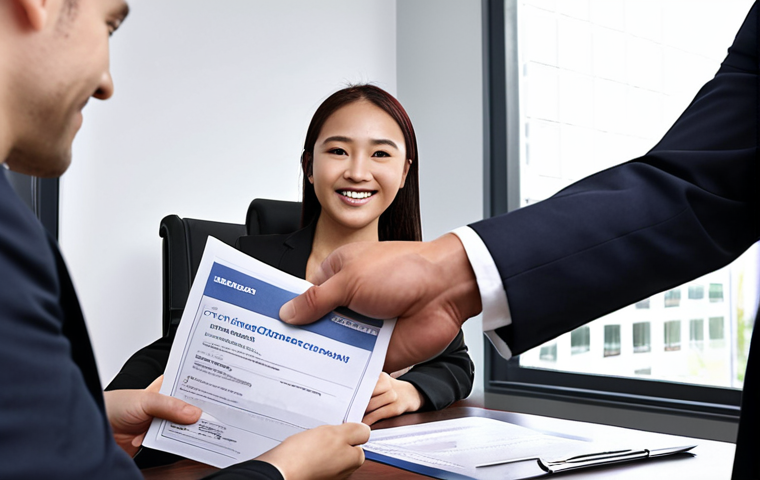 ** A young professional confidently handing a resume with a "Yutong Gwanlisa" certificate clearly visible, to a smiling HR manager in a modern office setting. Focus on the certificate as a key element.

**