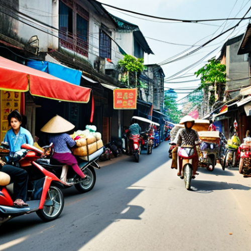 Home 23 ** "Busy Vietnamese street scene with motorbikes carrying goods, bustling markets in the background, logistics in action, vibrant colors, sunny day."
**