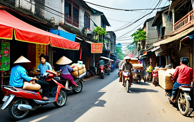 ** "Busy Vietnamese street scene with motorbikes carrying goods, bustling markets in the background, logistics in action, vibrant colors, sunny day."

**