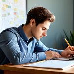 A focused young professional, fully clothed in modest business casual attire, diligently reviewing study notes and mind maps at a well-organized desk. The environment is a clean, modern home office bathed in soft, warm light, with a laptop and textbooks neatly arranged. Perfect anatomy, correct proportions, natural pose, well-formed hands, proper finger count, natural body proportions. Professional photography, high quality, safe for work, appropriate content, family-friendly.