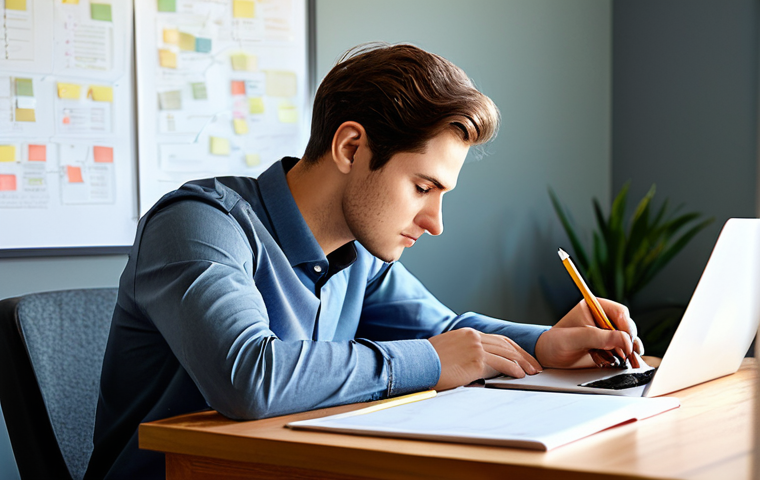 A focused young professional, fully clothed in modest business casual attire, diligently reviewing study notes and mind maps at a well-organized desk. The environment is a clean, modern home office bathed in soft, warm light, with a laptop and textbooks neatly arranged. Perfect anatomy, correct proportions, natural pose, well-formed hands, proper finger count, natural body proportions. Professional photography, high quality, safe for work, appropriate content, family-friendly.